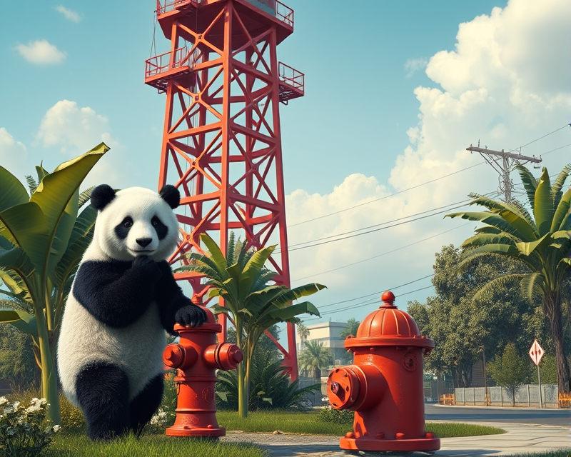 tower, fire hydrant, panda, banana, plum